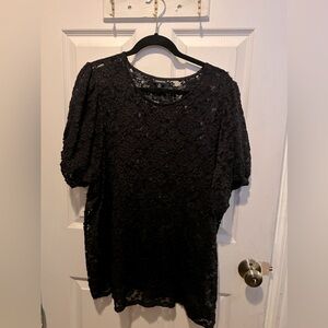 Stretch mesh lace crew neck puffy sleeve blouse